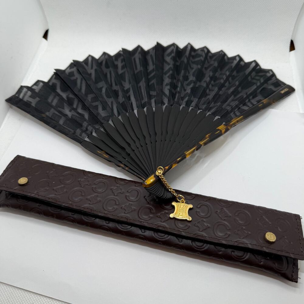 Celine Rare Folding Novelty Fan with Triumph Charm and Leather Storage Case EUC